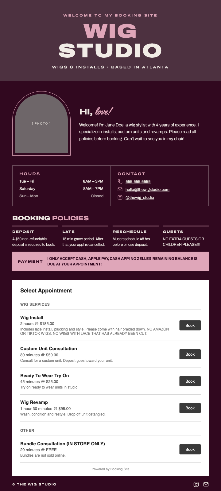 Example of a typical DIY booking app page with text inside an image